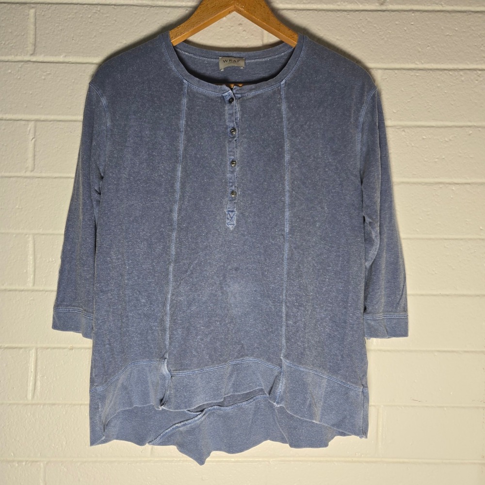 Wrap London Henley Top 12 Blue Hemp Cotton Blend 3/4 Sleeve Minimalist Lagenlook